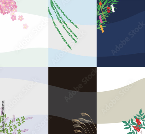 春の桜、夏の柳と七夕飾り、秋のススキと萩の花、正月の南天。日本風の四季背景素材。