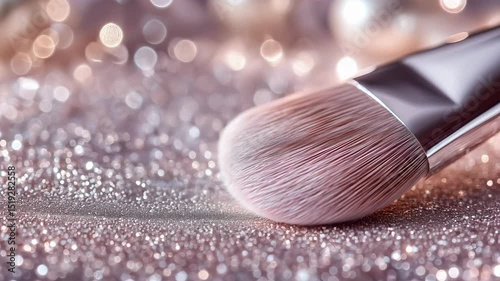 A soft pink makeup brush lies on a sparkly surface with bokeh light reflections in the background
