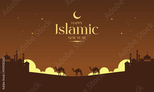 Elegant Happy Islamic New Year with Mosque and Camels Silhouette. Perfect for Muharram, Hijri New Year, Islamic holiday Celebrations, Banners, Invitations, Social Media Posts, and more.