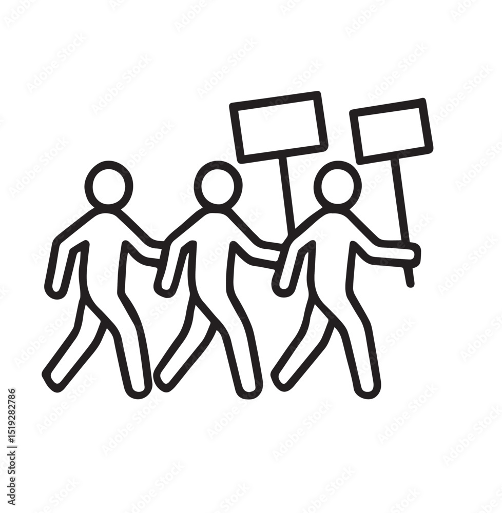 Fototapeta premium Protest March Icon – Group of People Holding Signs Line Drawing