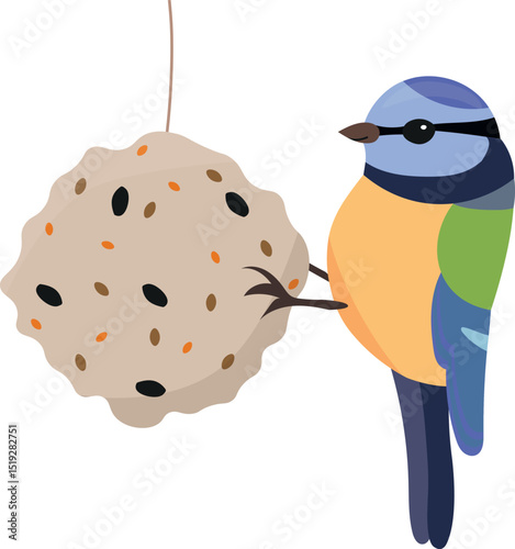 Cute bluetit bird pecking talllow ball. Vector illustration.