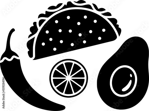 Dark outline of a Mexican food assortment featuring tacos, chili, avocado, and lime - Cinco de Mayo
