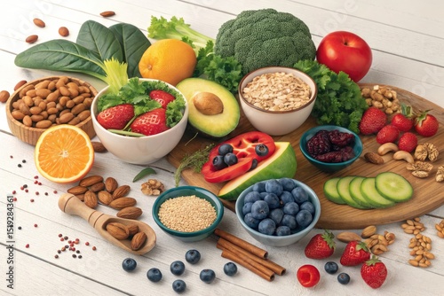 Wallpaper Mural A colorful array of nutritious fruits, vegetables, and nuts on a wooden table. Torontodigital.ca