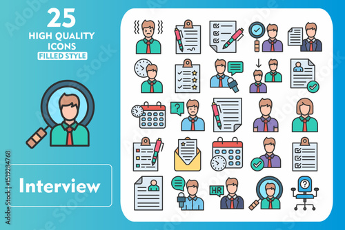 Interview Line Filled Icon Set. Incleded Icons Nervous, Question, Candidate, List, Resume, News Reporter, Hr, Hiring, Position, Contract. Vector Icons Collection