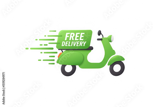 Green Cartoon Scooter Delivering Free Deliveries at High Speed on Black Background, a Fast and Convenient Solution for Online Shopping and Food Delivery Businesses