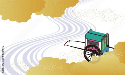 日本の歴史的な貴族の乗り物、牛車と流水のイメージイラスト。
