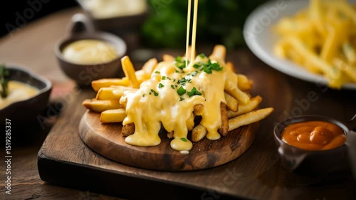 Delicious cheese drizzled over crispy french fries on rustic platter