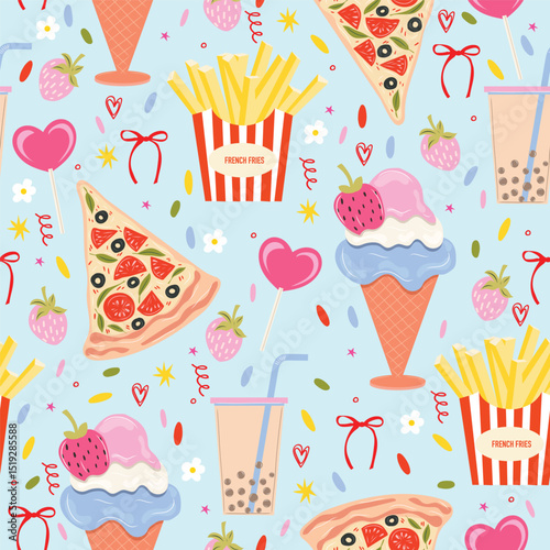 Seamless vector pattern with ice cream, fry, pizza, lollipop, strawberry, and flower. Pastel blue cute girly food background.