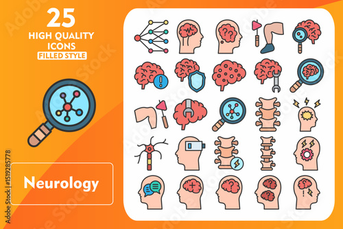 Neurology Line Filled Icon Set. Incleded Icons Neural Network, Epilepsy, Alzheimer, Knee, Brain Research, Brain Disorder, Protection, Brain Points. Vector Icons Collection