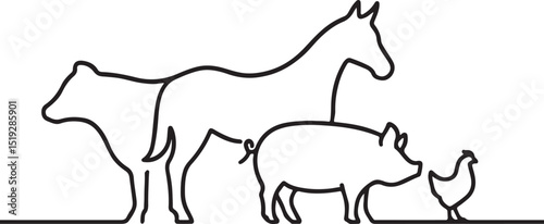 continuous one line drawing of farm animals vector art illustration