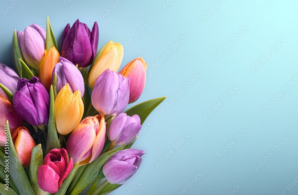 Fototapeta premium Tulip flower bouquet against blue background
