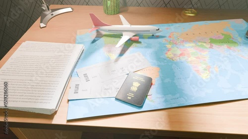 Realistic 3D Animation Showing Miniature Plane Taking Off Close to Indian Passport and Boarding Pass on White Table - Symbolizing Start of Global Travel Journey