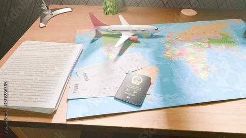 Cinematic 3D Animation of Miniature Airplane Taking Off Next to a Chinese Passport and Boarding Pass on a White Table - International Travel Concept