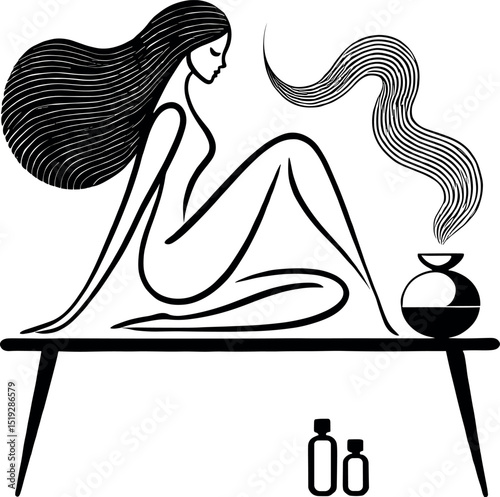 Black-and-white minimalist illustration of a woman with flowing hair sitting on a bed beside a wellness set, featuring an elegant oil drop silhouette to evoke calm and aromatic serenity.
