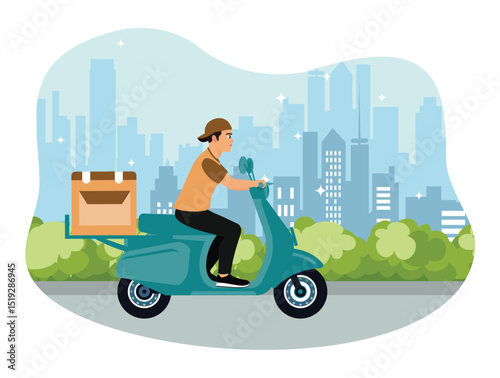 A male courier rides a scooter and delivers packages to customers.