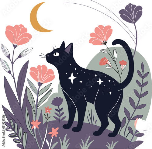 Cute pet cat with flowers and a butterfly, a wild animal illustration for your design