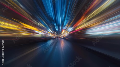 Abstract light trails in the city at night create a sense of speed and energy