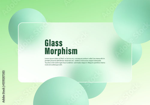 Green glassmorphism banner with frosted panel and spheres