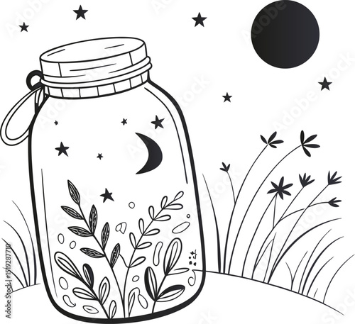 A beautiful vector illustration of a glass jar with flowers, adorned with a butterfly and leaf ornaments, embodying spring nature and vintage design