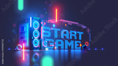 Gaming computer on the table with the inscription the start game in cyberspace. Desktop Gaming computer case or PC in neon light. Video game computer upgrade concept. Portal in video games world.