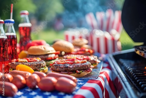 Independence Day Picnic Scene with Patriotic Decorations, BBQ Grill, American Flag Tablecloth, Festive Food and Balloons in Sunny Backyard – Classic 4th of July Celebration