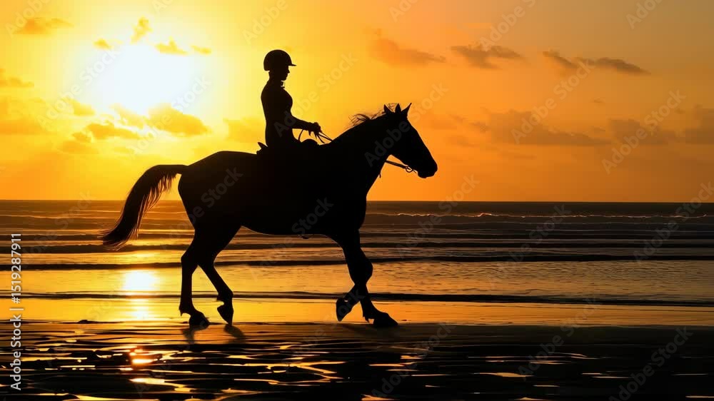 Silhouette of horse and rider on the beach at sunset, a mesmerizing equestrian scene