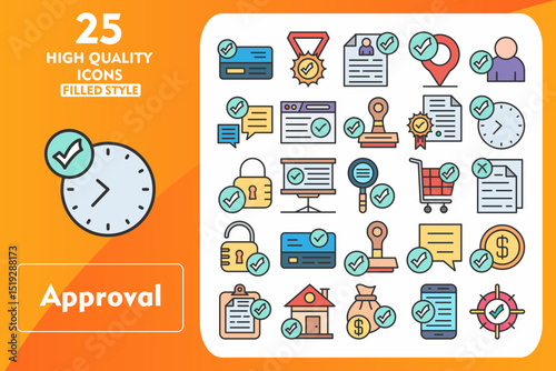 Approval Line Filled Icon Set. Incleded Icons Credit Card, Medal, Resume, Location, Verified User, Chat, Website, Stamp, Certificate, Clock. Vector Icons Collection