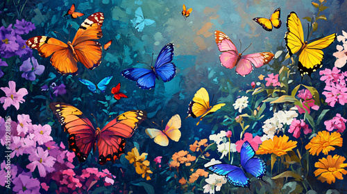 A vibrant swarm of butterflies fluttering through a blooming garden.