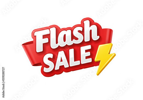 Captivating Flash Sale Illustration Featuring Dynamic Typography, Vibrant Red Ribbon, and Energetic Yellow Lightning Bolt on a Clean Black Background