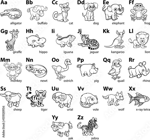 A cartoon animal alphabet letters language learning chart, can be used for coloring books etc.