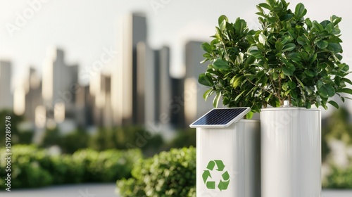 Eco-Friendly Urban Living with Solar-Powered Planters and Recycling Symbol in Modern City Landscape