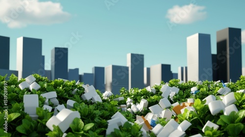 Urban Landscape with Green Hill of Fresh Leaves and Abstract City Skyline in Bright Daylight