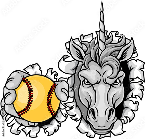 Unicorn horse mustang bronco stallion baseball softball angry sports team mascot holding a ball.