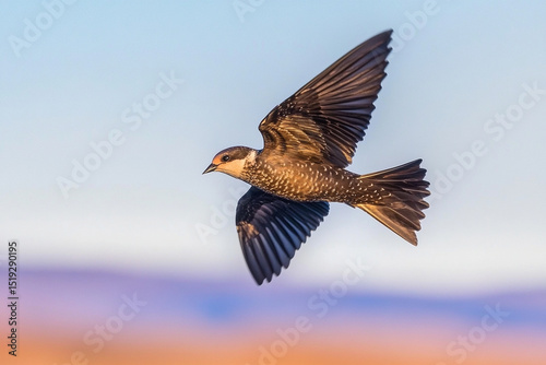 Swallow gracefully darting through the clear sky, flapping its wings in a display of agility during a sunny afternoon