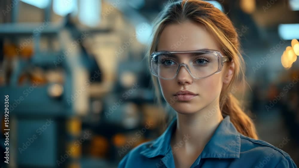 Young woman wearing clear safety goggles stands in a factory, focused and expressionless