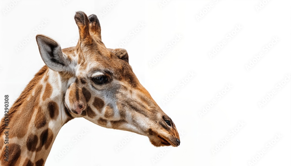 Naklejka premium Striking Giraffe against Transparent Backdrop Majestic Mammal Illuminated in Soft Light, Elegant and Graceful on a Solid Black Background, Perfect for Digital Art and Design Inspiration.