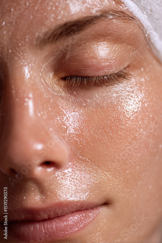 Transparent gel with microneedle spicules applied on woman face bio microneedling natural skin therapy, Selective Focus..