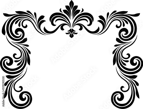 A filigree heraldic crest motif floral pattern border frame. Original design in a vintage style.