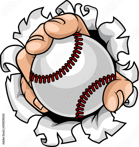 A strong hand holding a baseball ball tearing through the background. Sports graphic