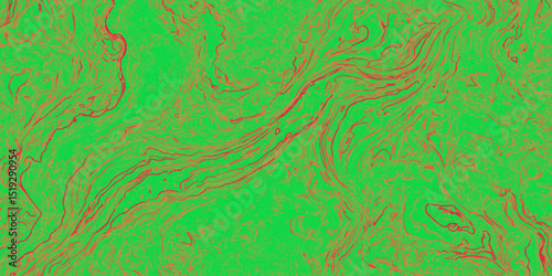 Abstract green background with swirling red lines creating a fluid and dynamic composition effect.