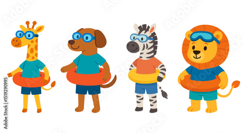 Cute cartoon animals in swimming outfits