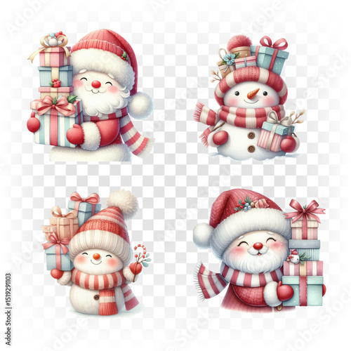 Set of Christmas watercolor elements of snowmen and santa. Holiday clip art for Christmas card, sticker and print.