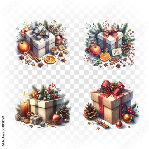 Set of Christmas watercolor elements gift boxes. Holiday clipart for Christmas card, sticker and print