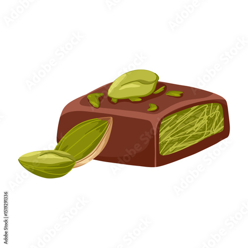 Dubai chocolate candy with pistachio paste and kataifi dough. Hand drawn vector sweets with dark chocolate and pistachio nut kernel for confectionery packaging, menu, catalog spreads, product cards