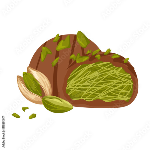 Dubai chocolate candy with pistachio paste and kataifi dough. Hand drawn vector sweets with milk chocolate and pistachio nut kernel for confectionery packaging, menu, catalog spreads, product cards