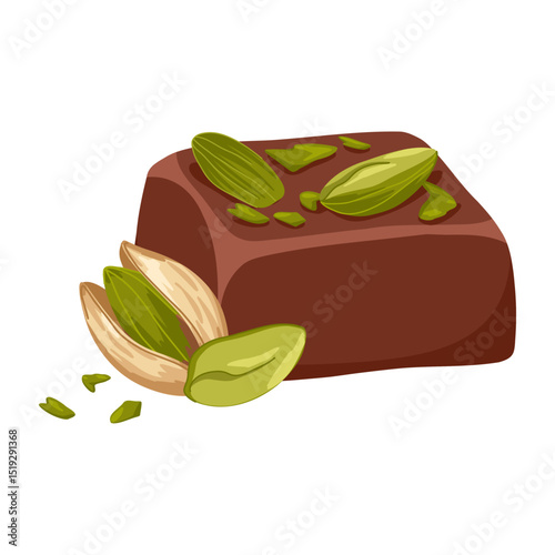 Dubai chocolate candy with pistachio paste and kataifi dough. Hand drawn vector sweets with dark chocolate and pistachio nut kernel for confectionery packaging, menu, catalog spreads, product cards