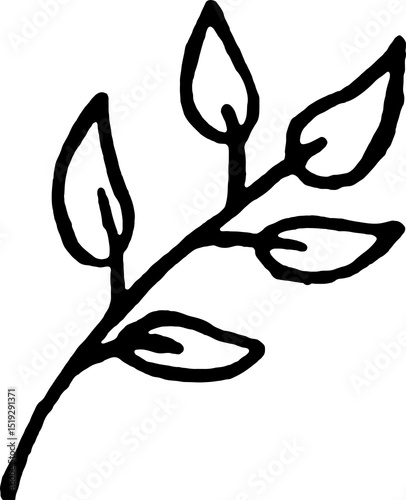 Simple hand-drawn black and white illustration depicting a minimalistic branch adorned with leaves. Perfect for design projects, decorations, and as an element in creative graphics or logos.