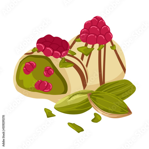 White chocolate raspberry candy. Hamemade dessert with green pistachio and pink raspberry flavor. Vector illustration of treats for food packaging, menus, posters, blogs, recipe books