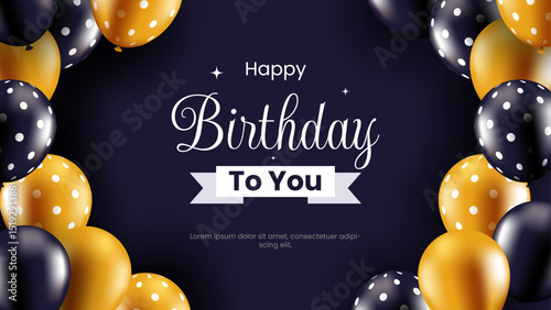 birthday card with gold and dark blue balloons, ideal for birthday party invitations, celebratory cards, and festive event decorations.