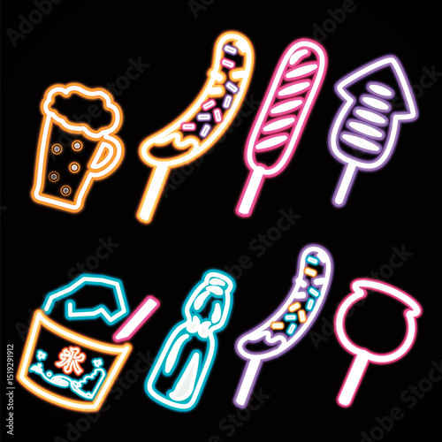 Food from a summer festival stall. Beer. Chocolate bananas. Frankfurters. Grilled squid. Shaved ice. Ramune. Candy apples. An illustration with the image of neon Kan.